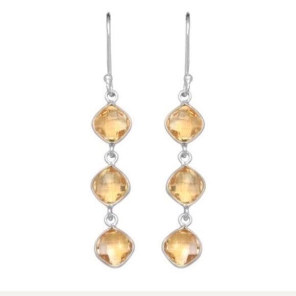 Triple Drop Cushion Cut Golden Citrine and Sterling Silver Earrings NWT - Picture 7 of 8